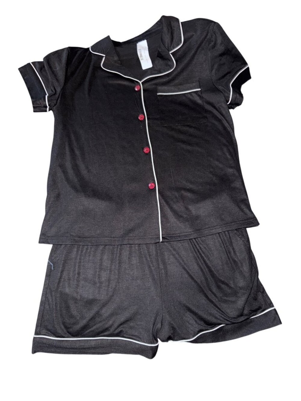 Womens Black Short-Sleeve Button-Down Pajama Set With White Piping & Shorts - Picture 2 of 4